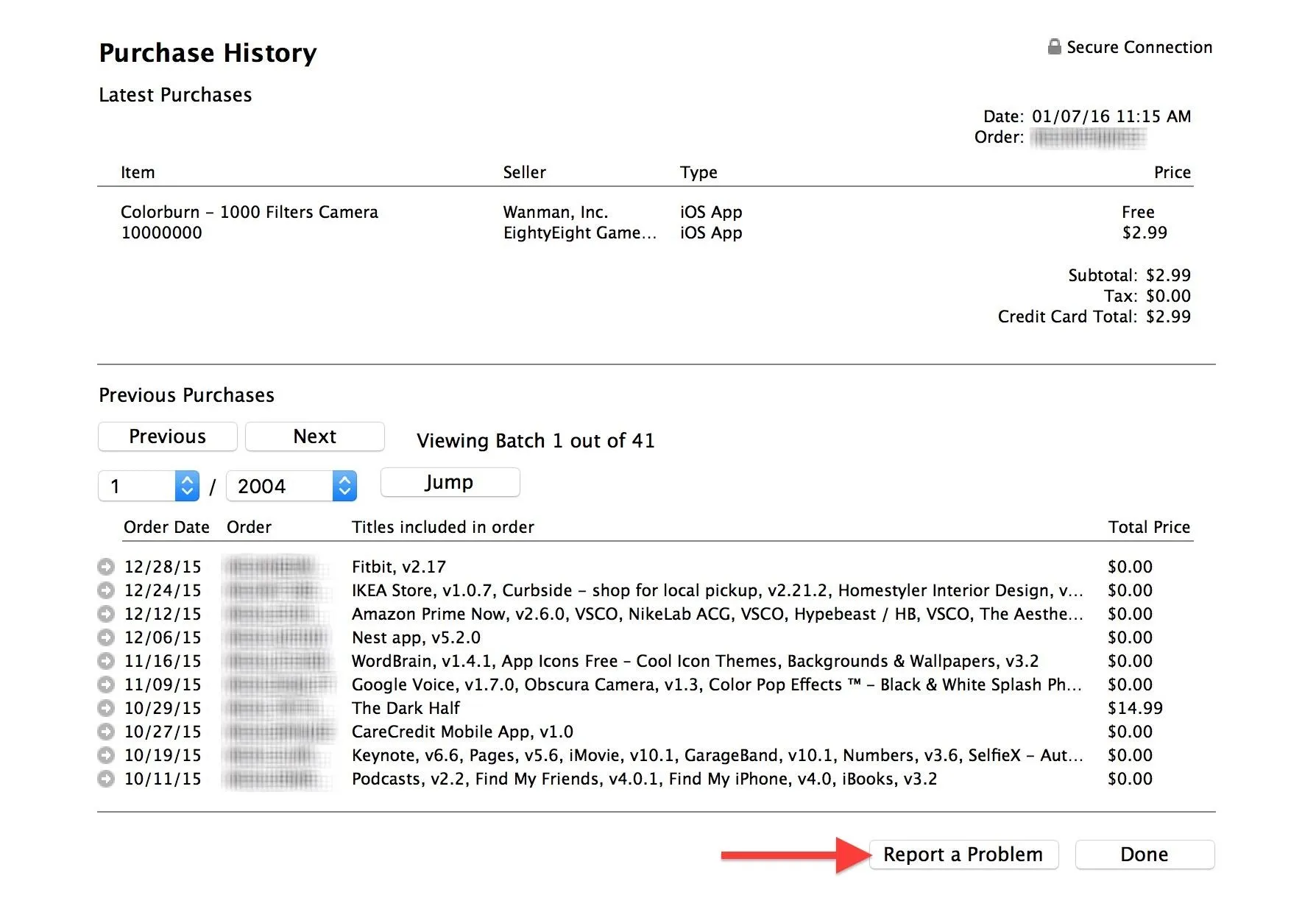 Purchase history summary with item details and total cost.