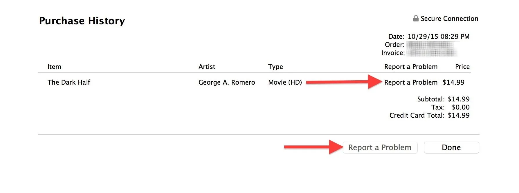 Purchase history receipt displaying item details and total amount.