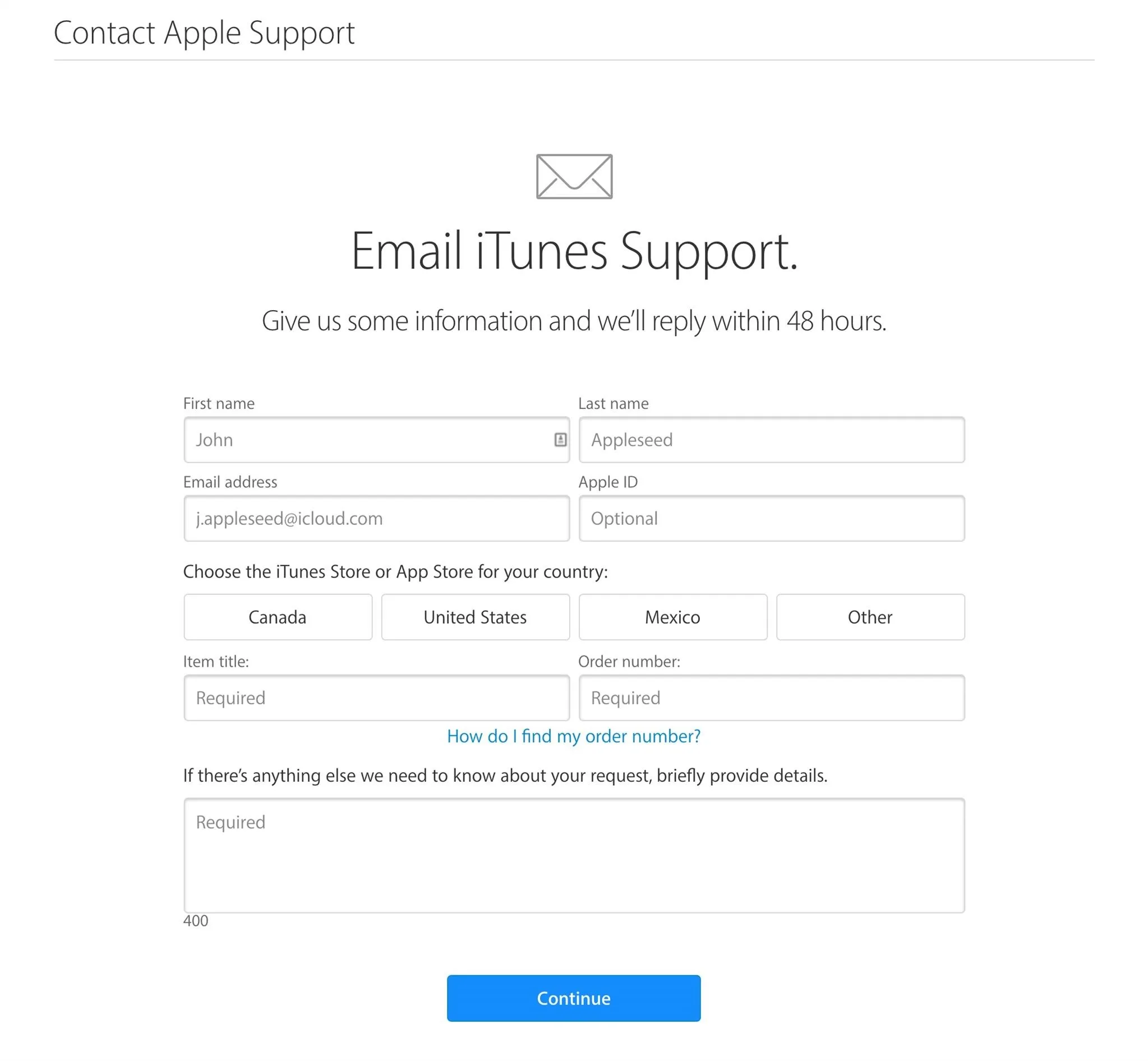 Email support form for iTunes assistance.