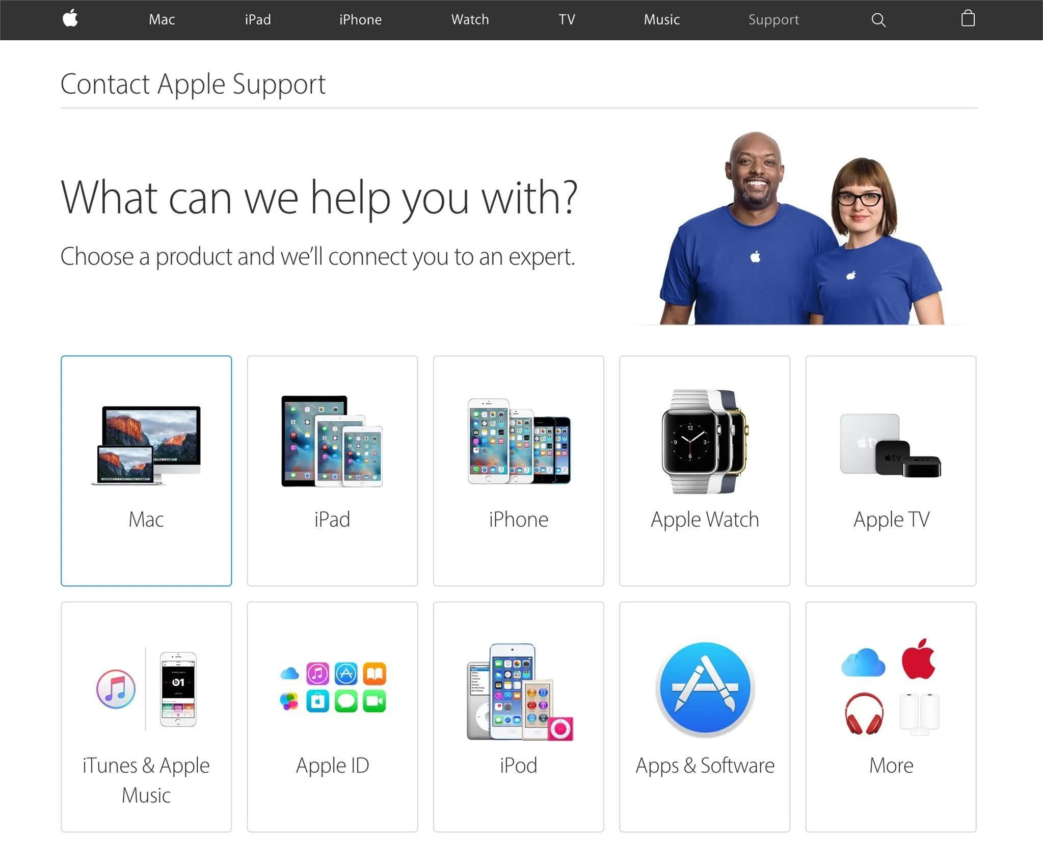 Apple Support contact page featuring various products and customer service options.