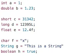 Code snippet demonstrating variable declarations in Java.