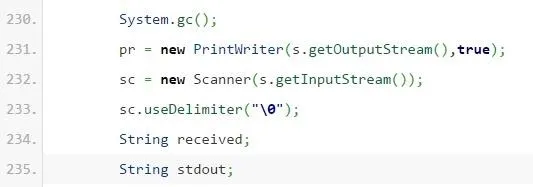 Java code snippet for input/output stream handling.