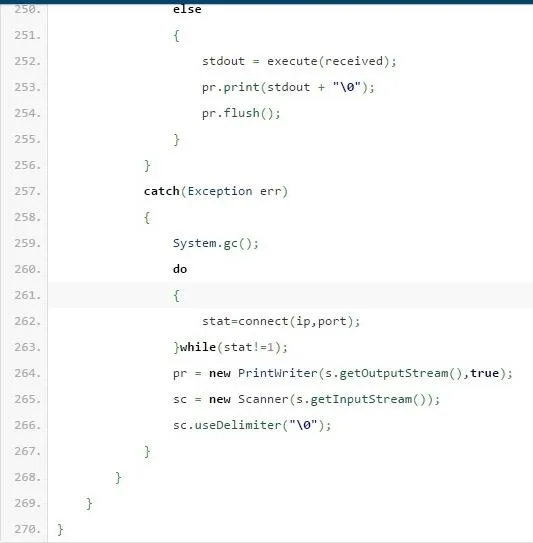 Code snippet showing a try-catch block in a programming language.