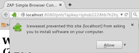 Alert message from Iceweasel browser blocking software installation from localhost.