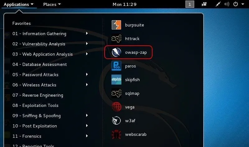 Application menu interface displaying various tools related to information security and vulnerability analysis.