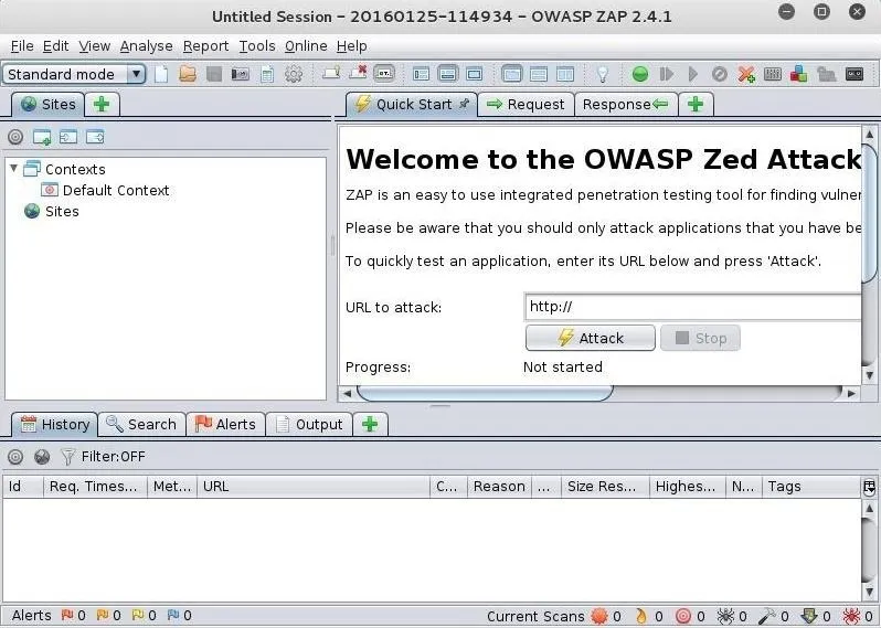 "OWASP Zed Attack Proxy interface displaying welcome message and URL input field."