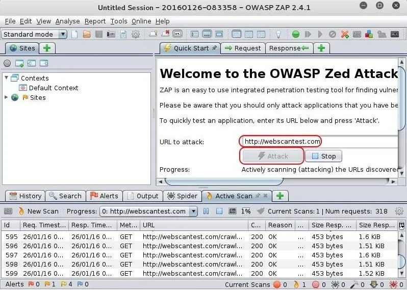 Screenshot of the OWASP Zed Attack Proxy tool interface displaying a welcome message and attack options.