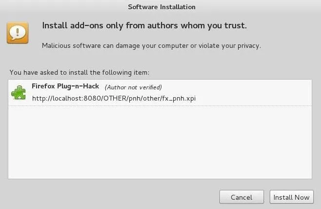 Software installation prompt for unverified Firefox add-on.