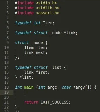 C programming code snippet demonstrating data structures and main function.