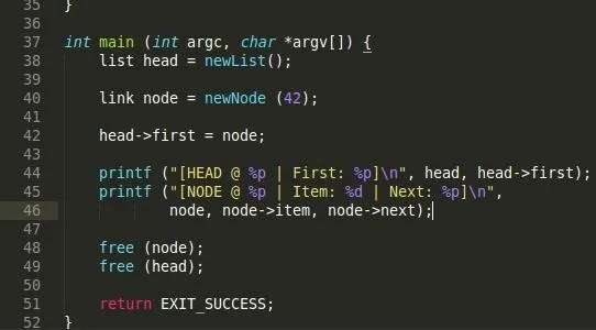 C programming code snippet showing linked list operations.