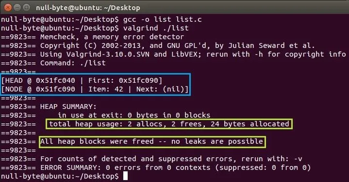 Code compilation output in a terminal window displaying memory management summary.