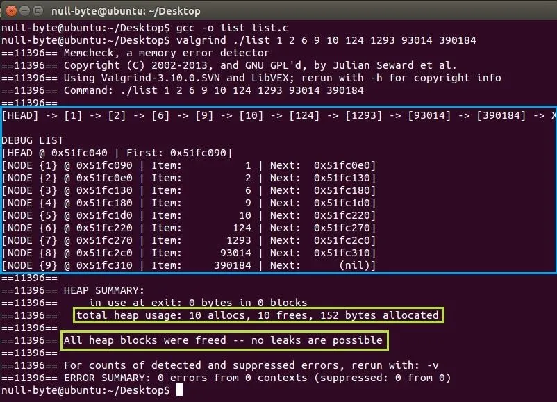 Terminal window displaying a command-line output related to memory management in a programming context, including a list of freed heap blocks.