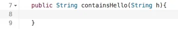 Java code snippet defining a method to check if a string contains "hello".