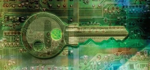 Digital key on a circuit board background.