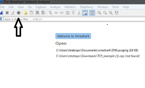 Wireshark network analysis software interface displaying a welcome message and open file paths.