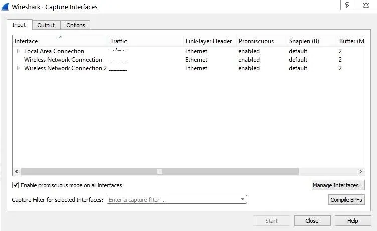 Wireshark capture interfaces window displaying various network connection options.