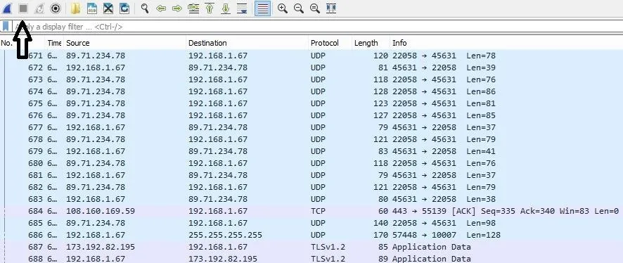 Network traffic analysis log with packet details and protocols.