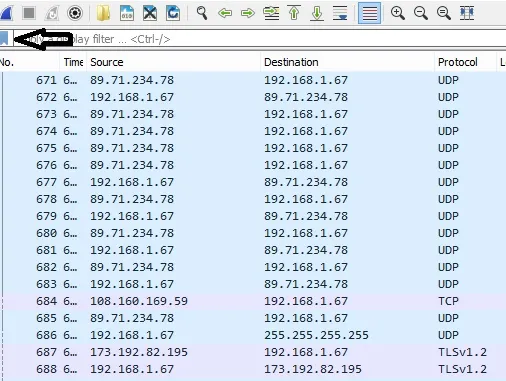 Network traffic log showcasing source and destination IP addresses with corresponding protocols.