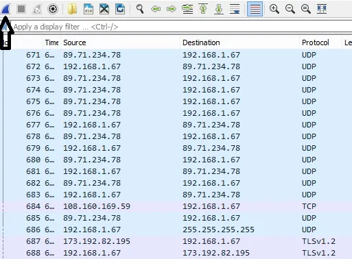 Network traffic log showing source and destination IP addresses with associated protocols.