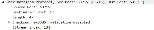 UDP packet details with source and destination ports, length, and checksum information.