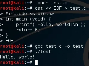 Code snippet demonstrating compilation and execution of a simple C program that prints "Hello, world!".