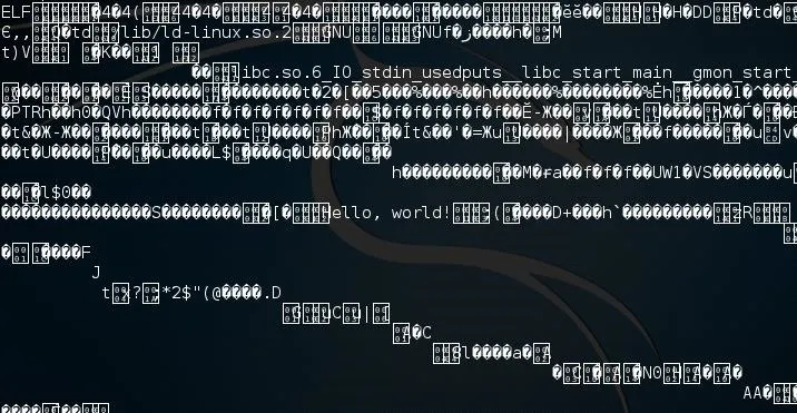 Glitchy computer code displaying "Hello, world!"