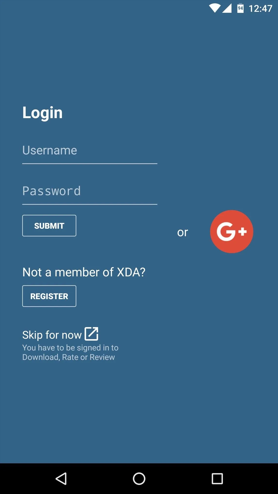 Login screen with fields for username and password, and a Google sign-in option.