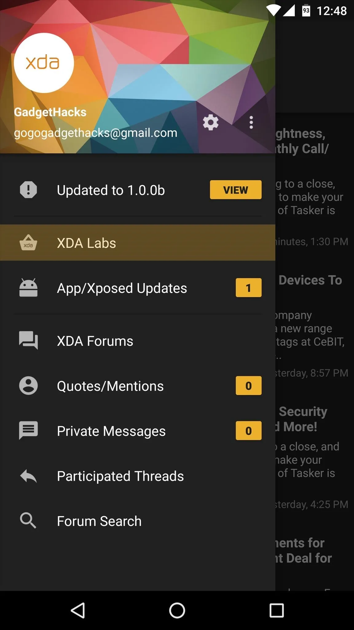 Mobile app interface showing updated notifications and options for settings, messages, and search.