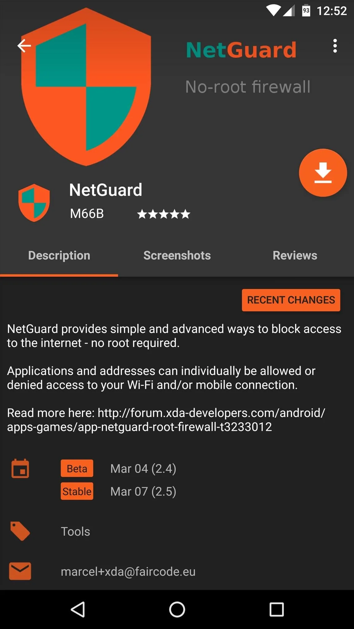NetGuard app interface showing features and settings for managing network access on Android.