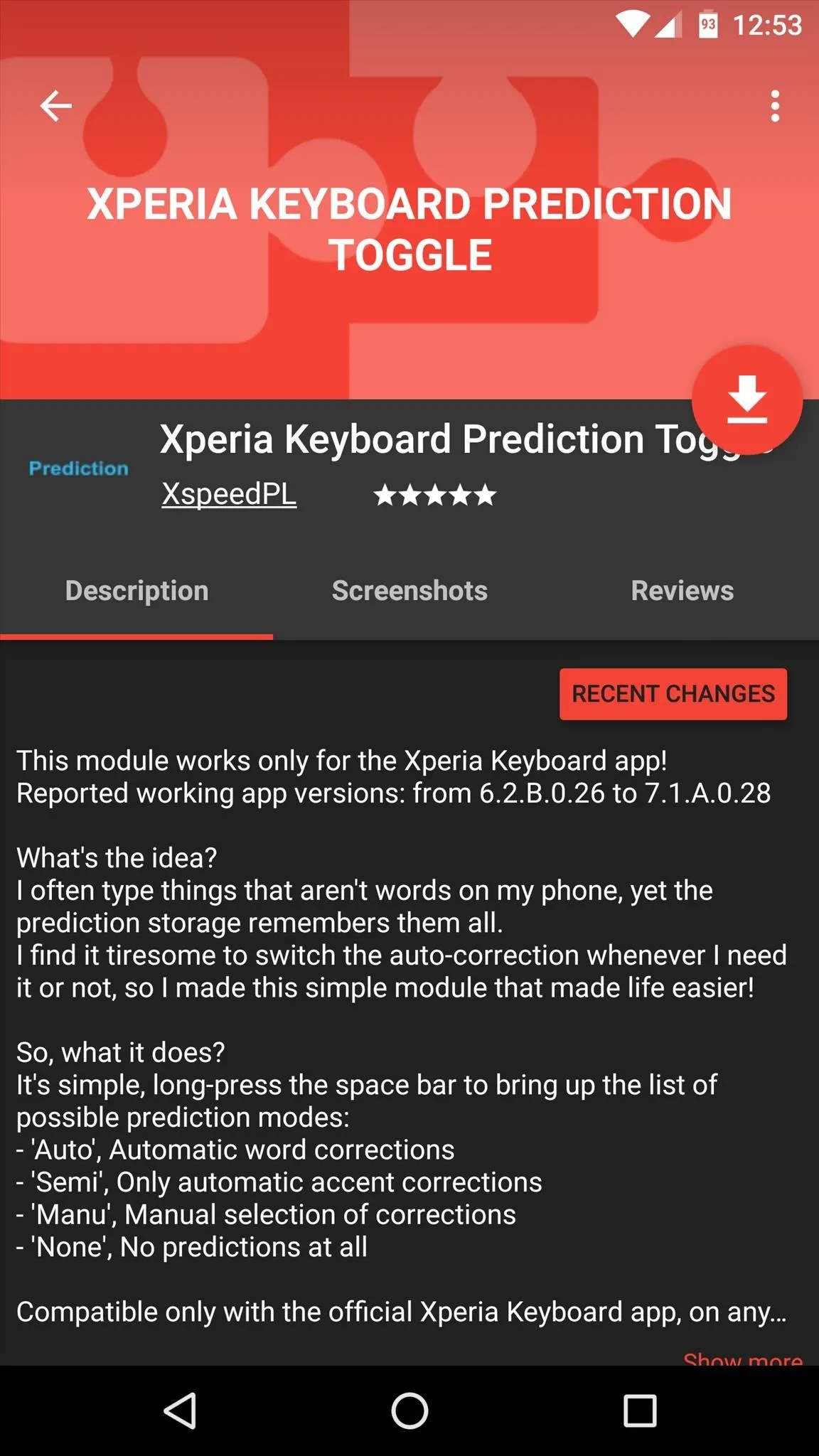 Xperia Keyboard Prediction Tools description and features interface.