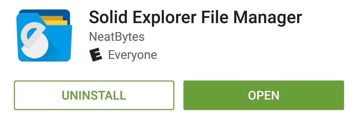 Solid Explorer File Manager app interface with options to uninstall or open.