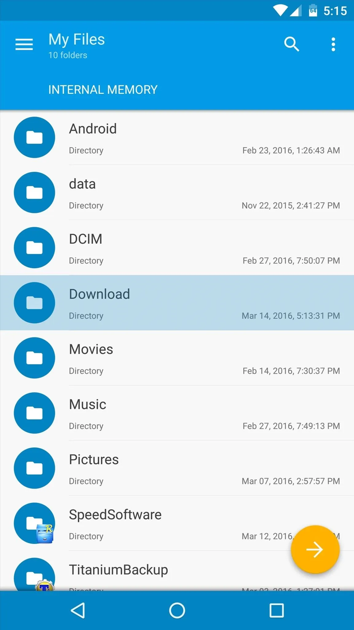 File manager interface displaying various folders and files on a mobile device.