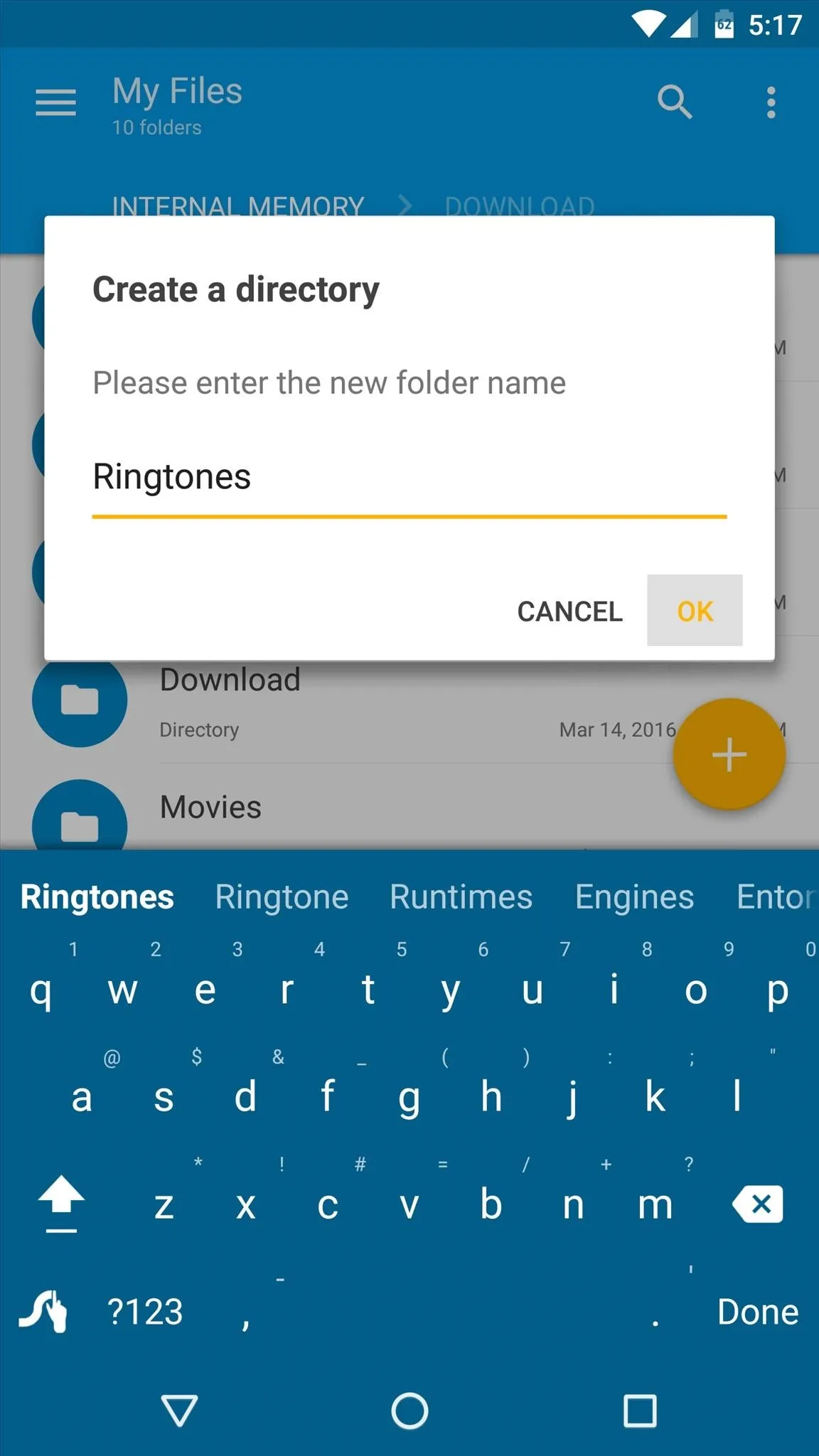 Creating a directory on a mobile file manager app.