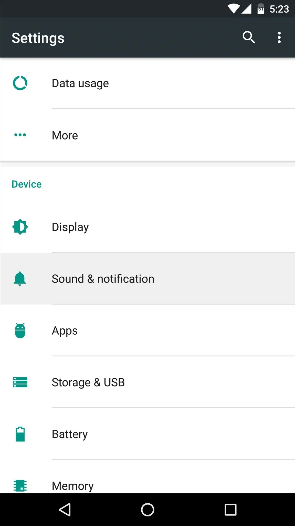 Mobile device settings screen showing options for Display, Sound & Notification, and Storage.