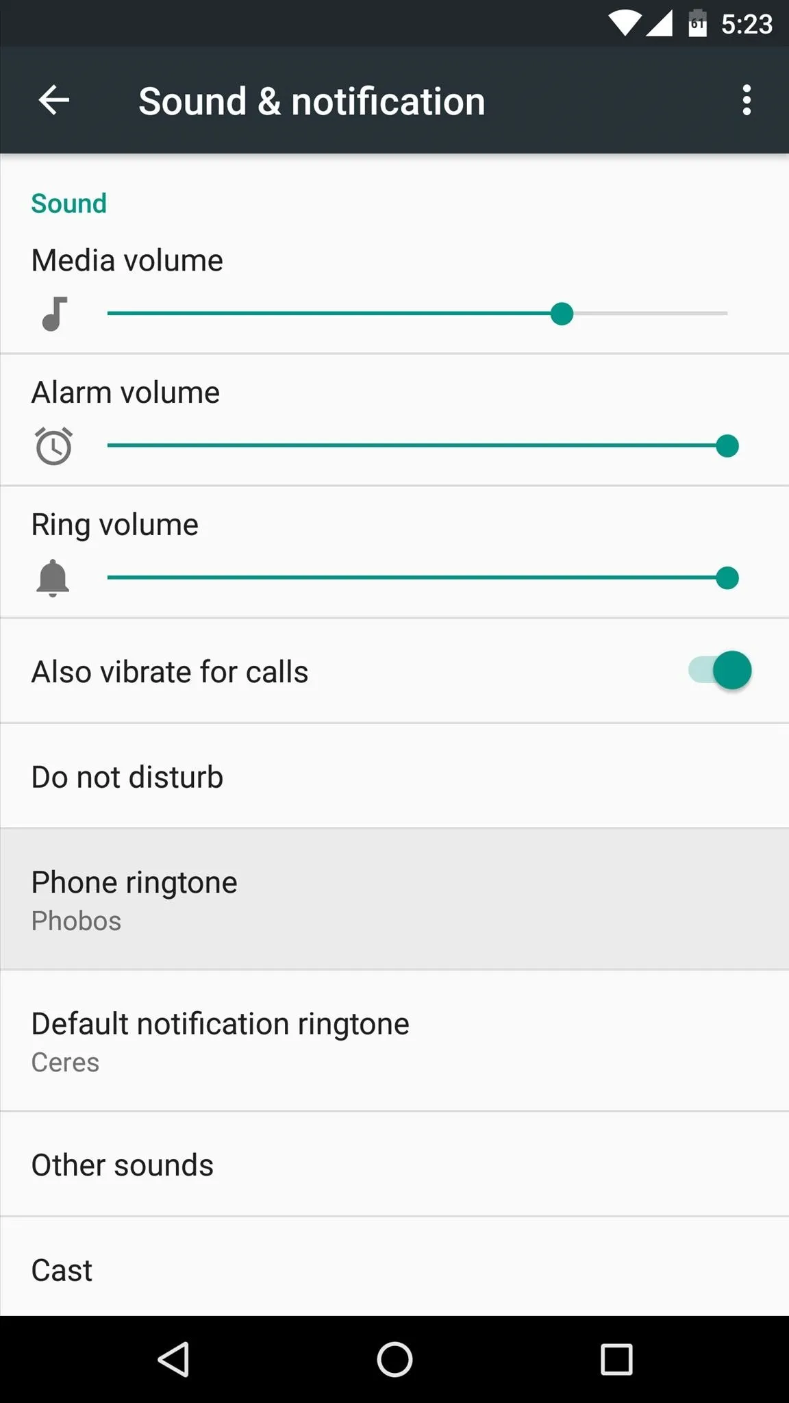 Sound and notification settings on a mobile device.