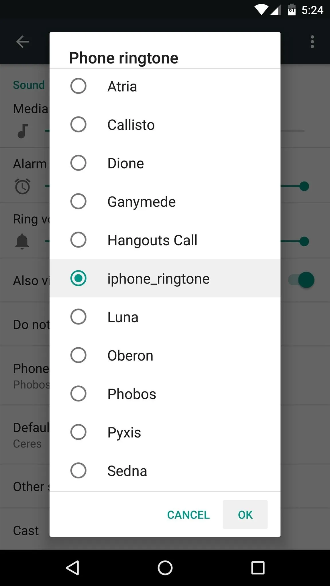 Settings menu for phone ringtones with options displayed.