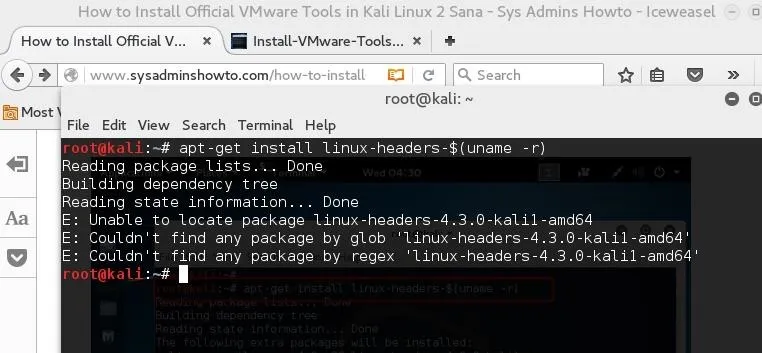 Terminal window displaying a command to install Linux headers with an error message about missing packages.