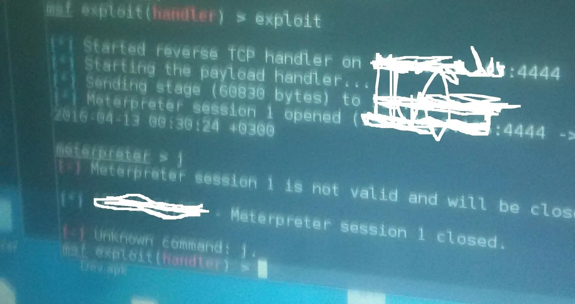 Exploitation code snippet showing a reverse TCP handler and session management.