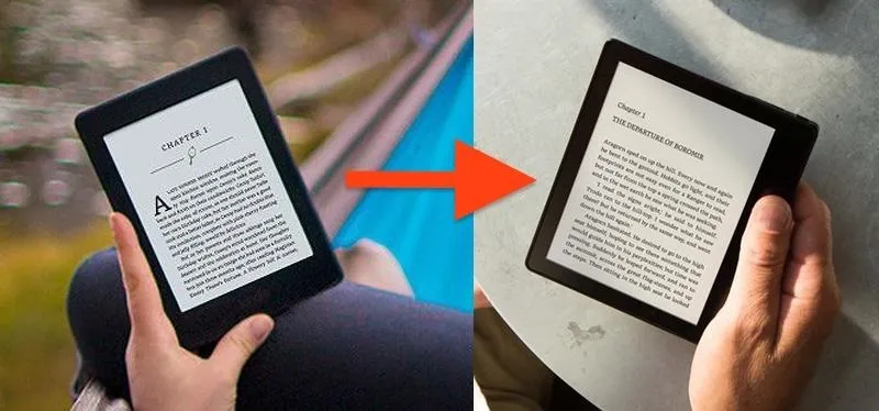 Person reading an eBook on a tablet outdoors, transitioning to a close-up of the device displaying text.