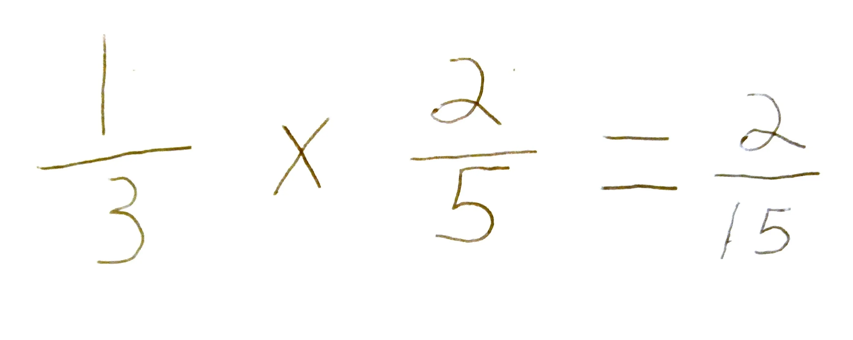 Multiplication of fractions: 1/3 x 2/5 = 2/15