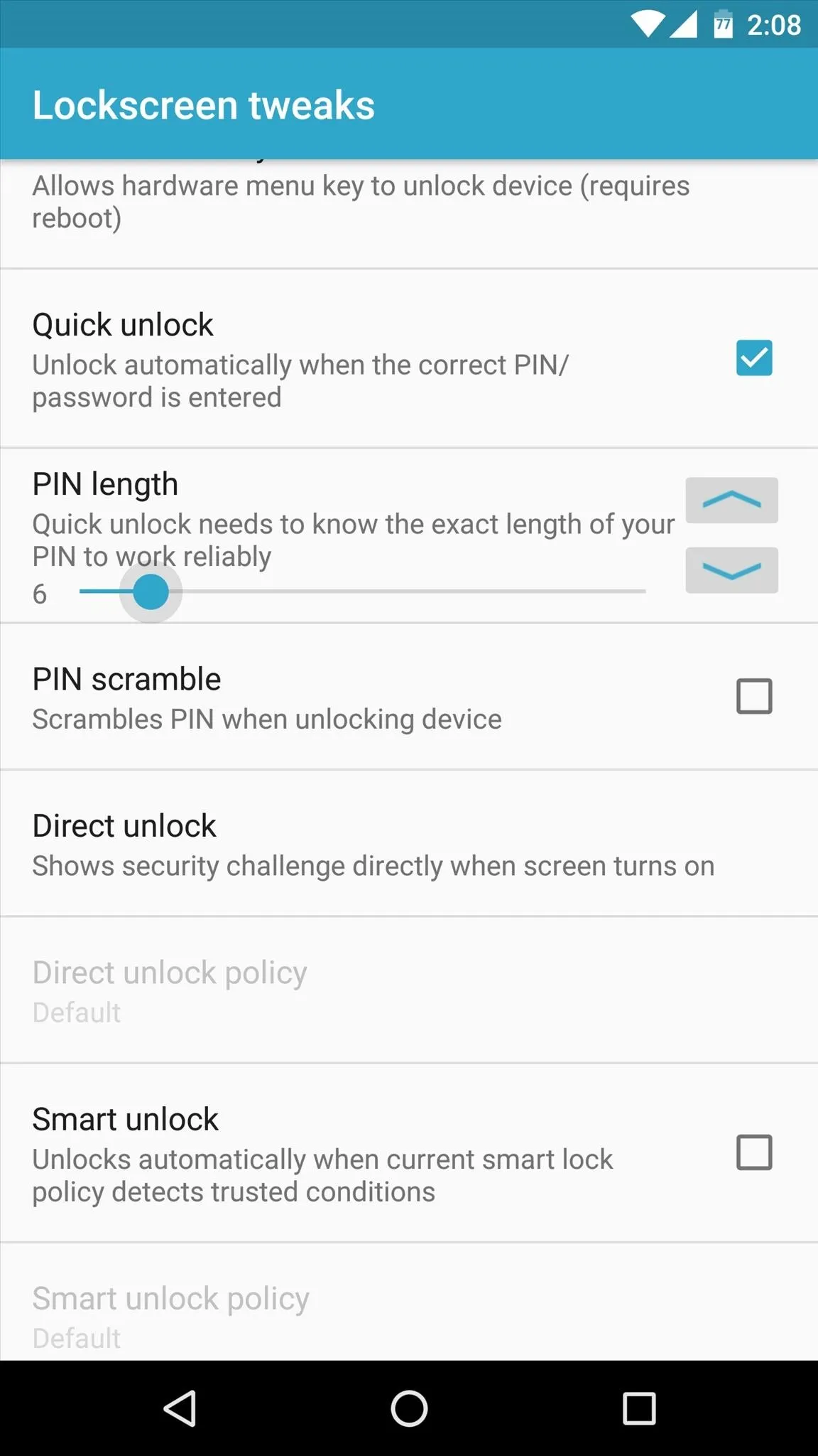 Settings menu for lock screen and security options on a mobile device.