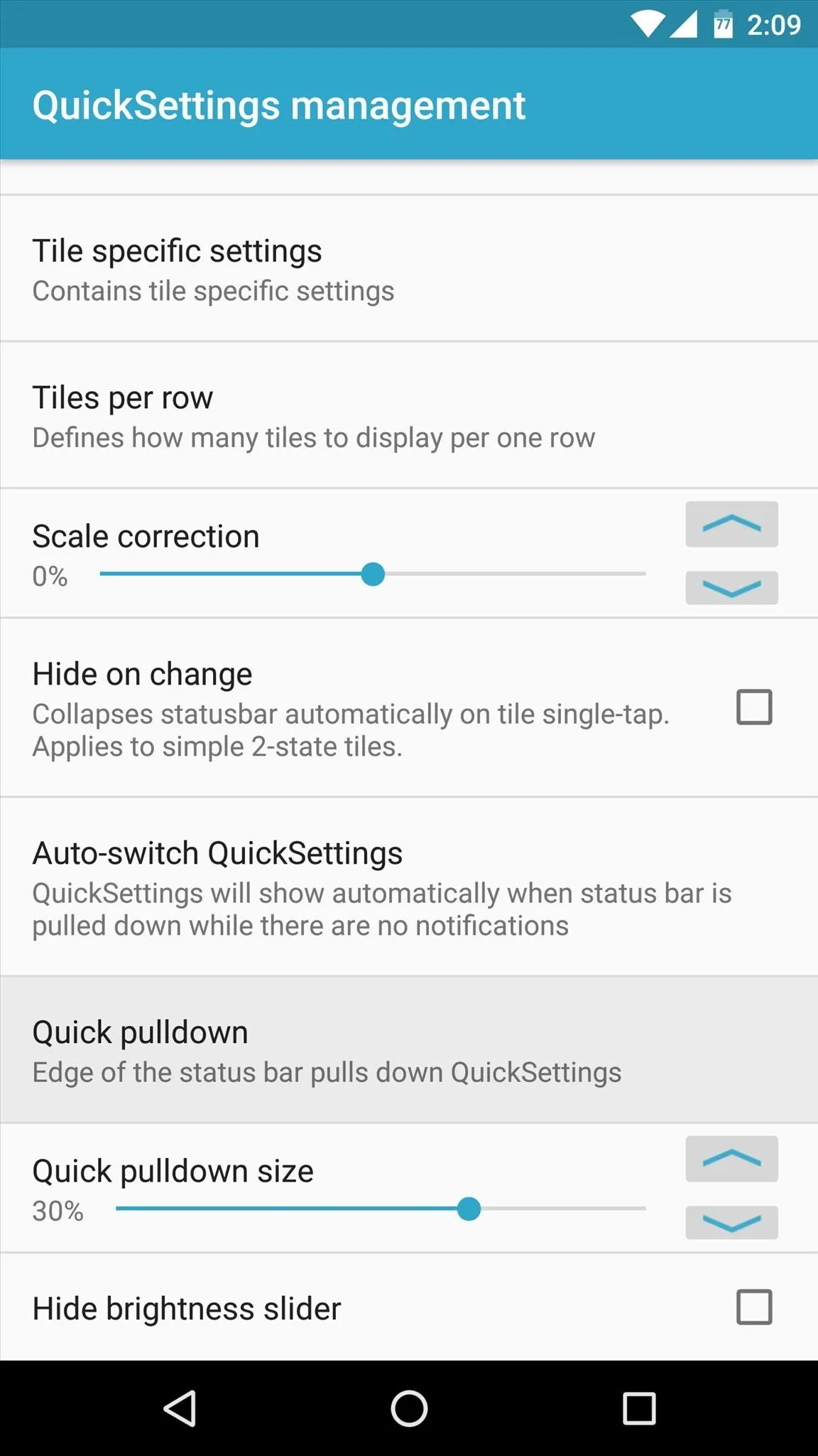 Settings menu for managing quick settings on a mobile device, featuring toggle options for status connections and various preferences.