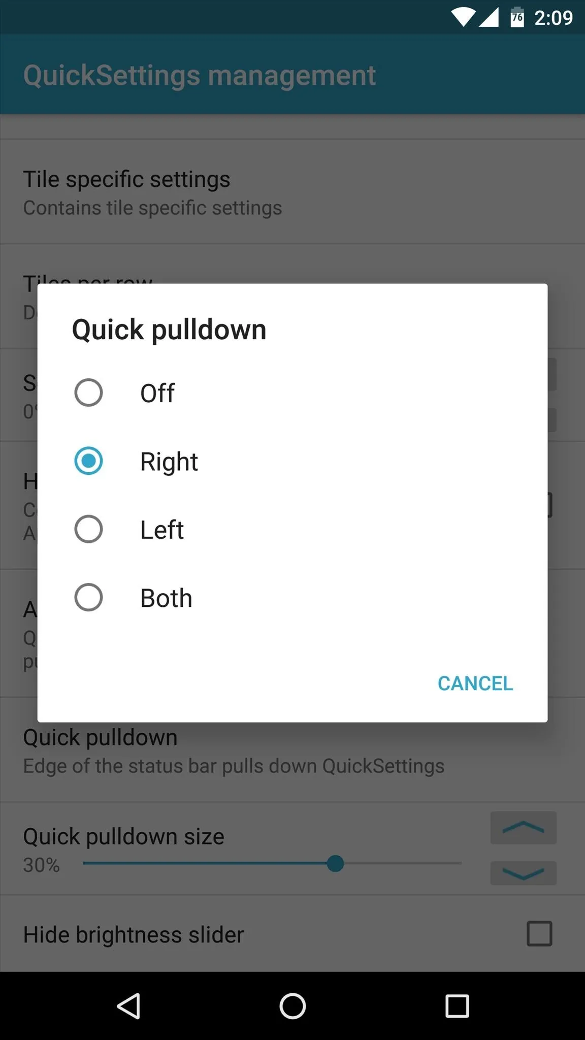 Quick publish settings with options for "Off," "Right," "Left," and "Both."