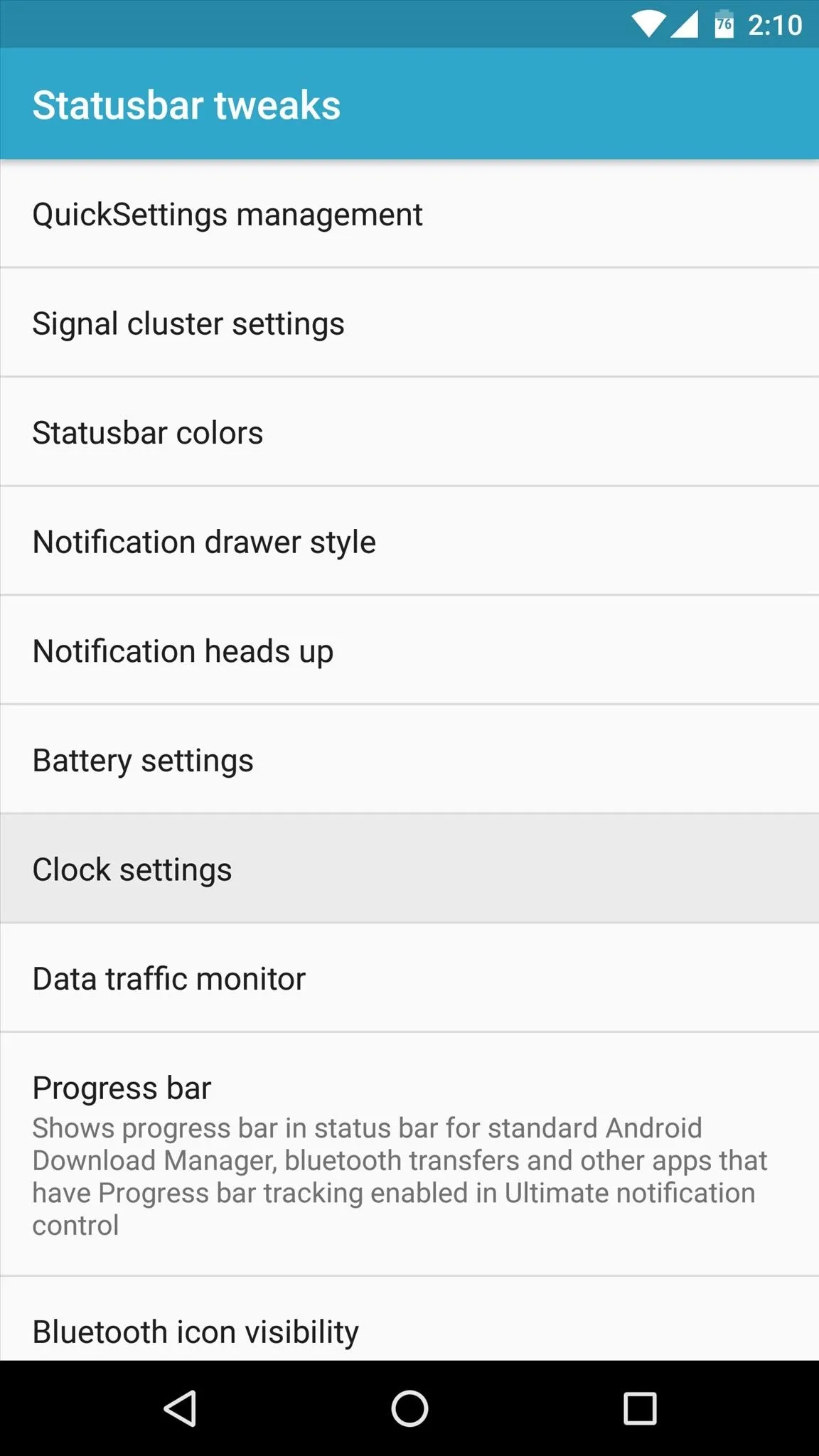 Settings menu on a mobile device displaying various system options.