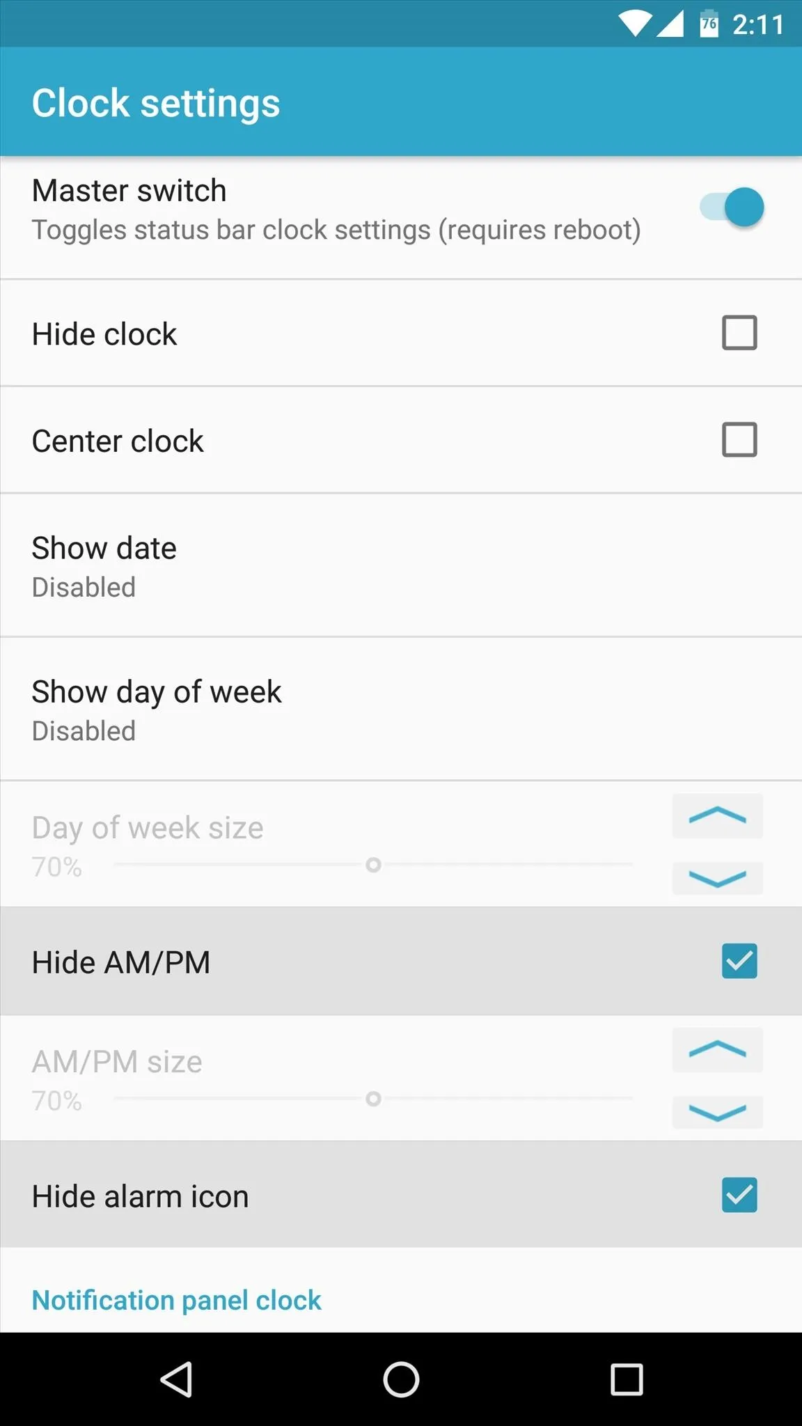 Clock settings menu on a smartphone.