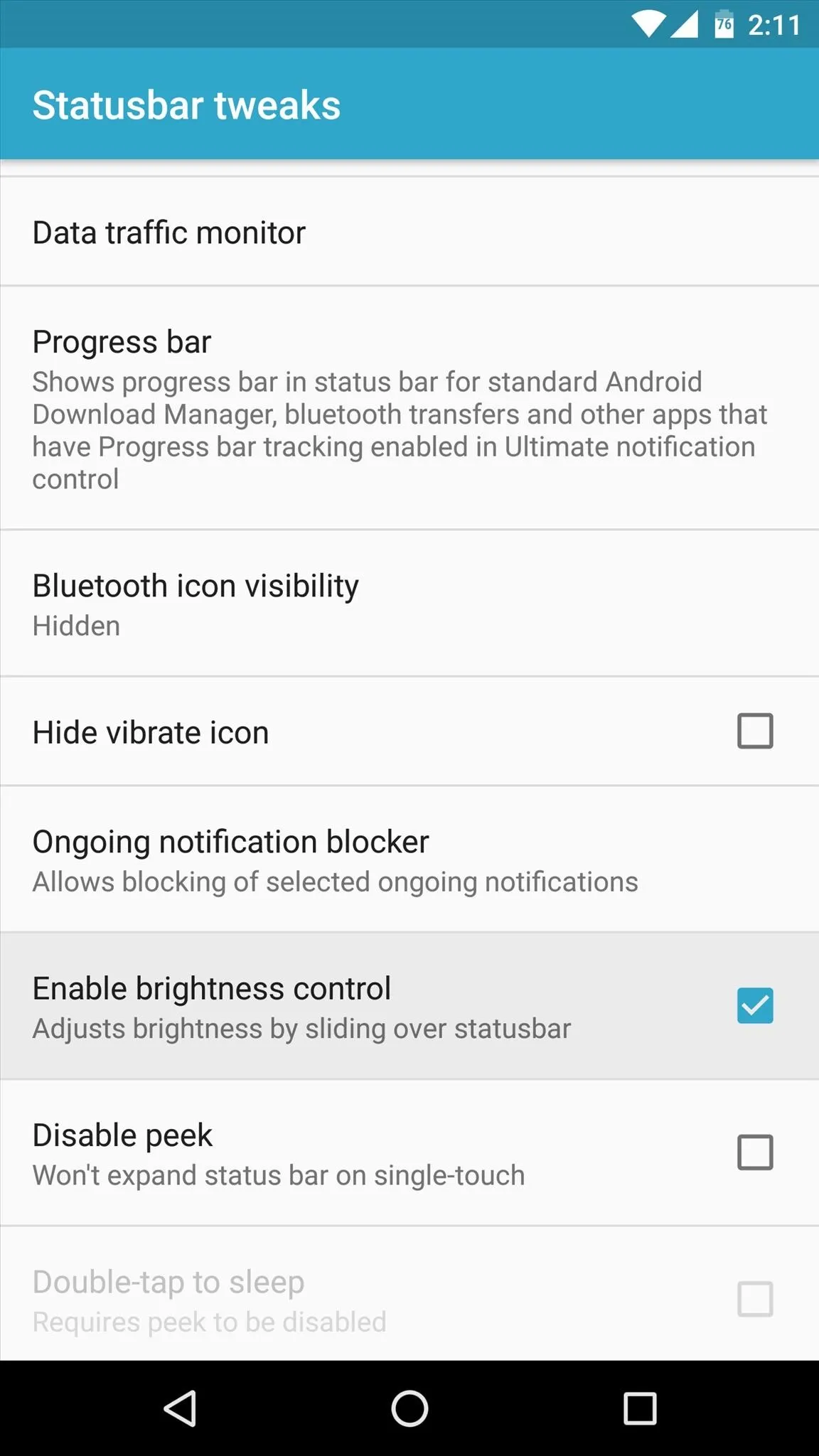 Settings menu for a mobile device displaying options for display and connectivity features.