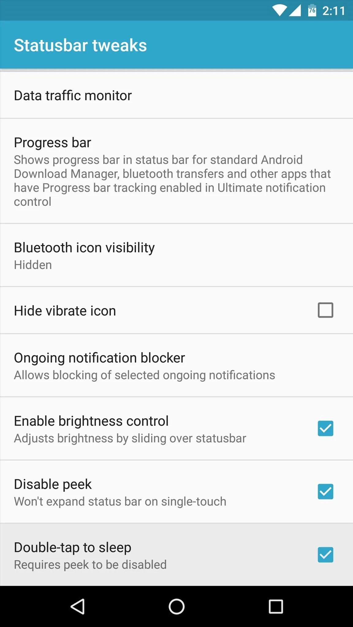 Settings menu for a mobile application, including options for progress bar, Bluetooth reliability, and ongoing web browser settings.