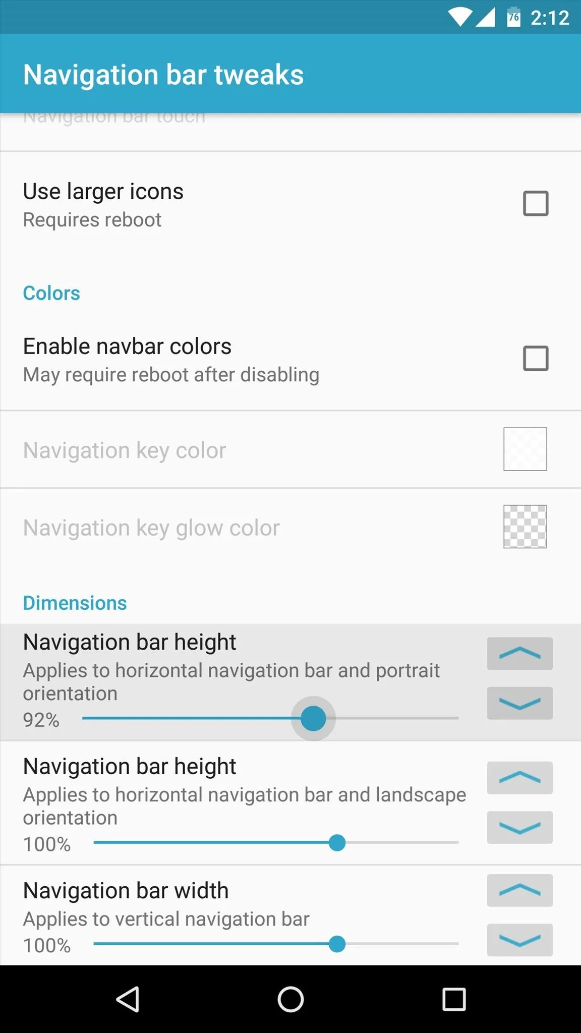 Settings menu for navigation bar customization on a mobile device.