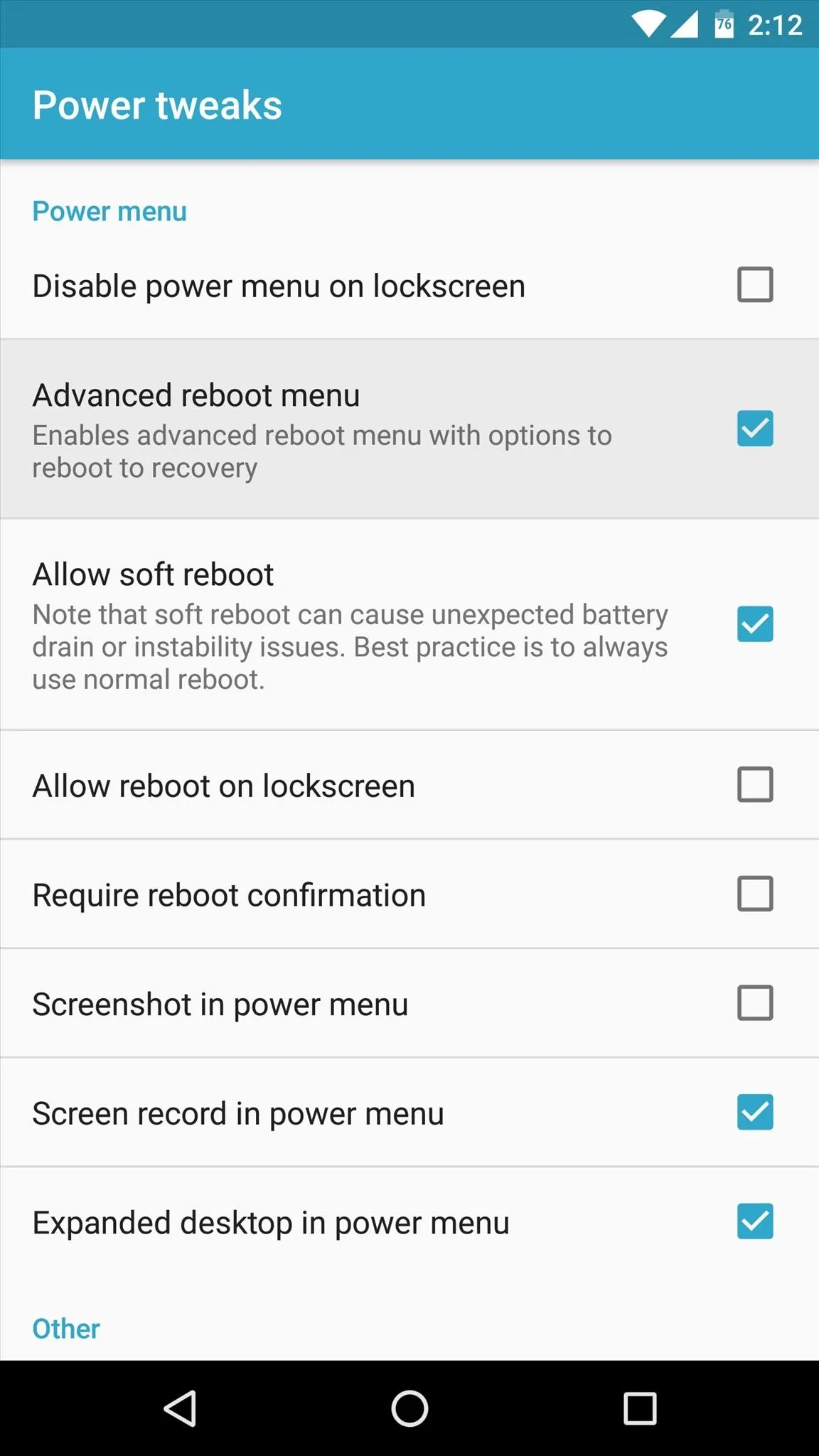 Power settings menu with various options for customization and notifications.