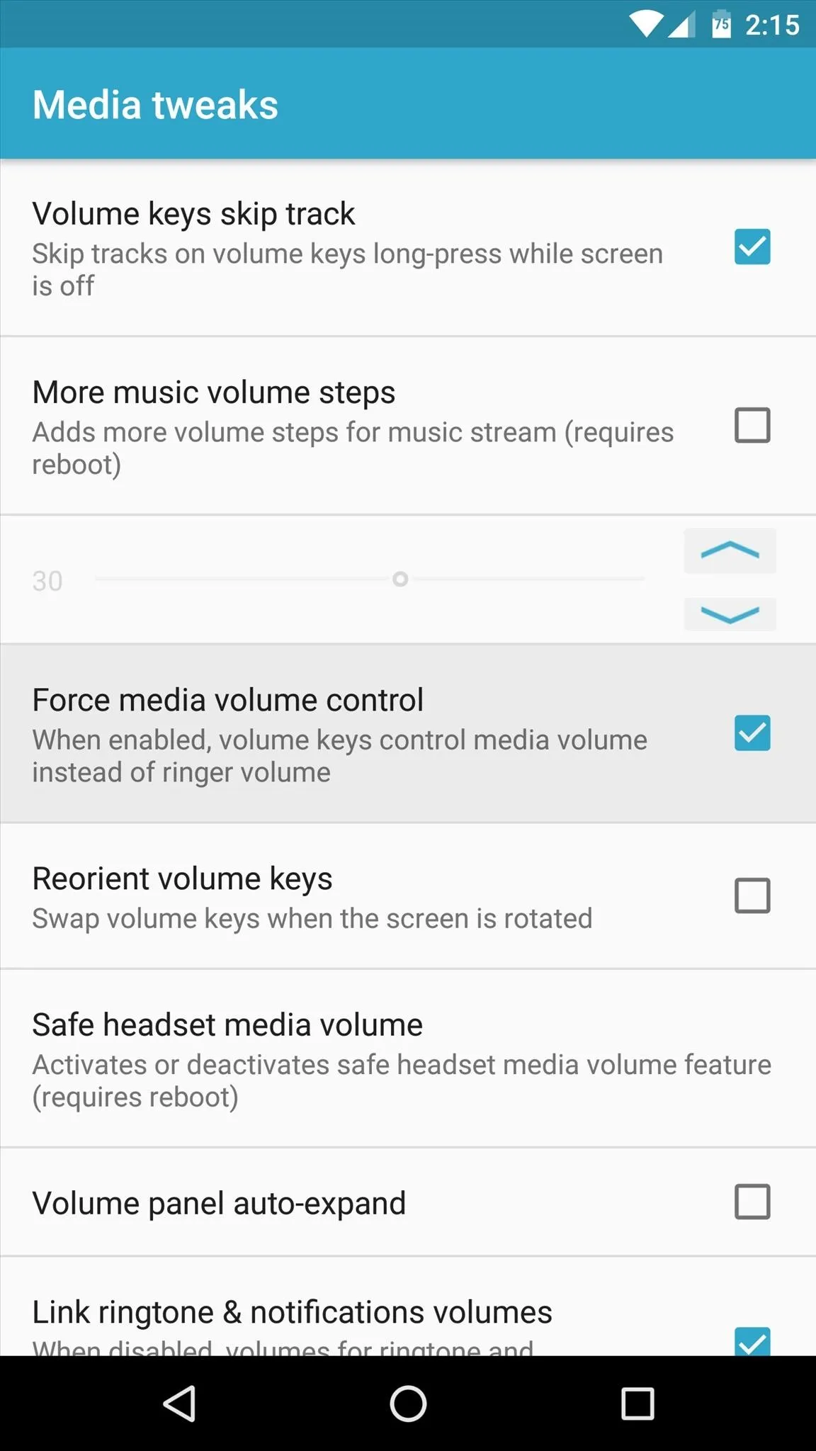 Volume control settings on a mobile device.